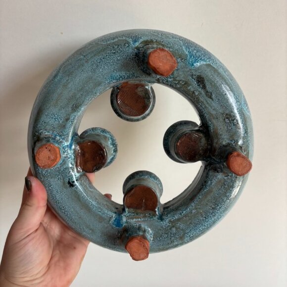 Vintage Handmade Aqua Blue Ceramic 4 Candlestick Holder | Candelabra - Picture 5 of 5